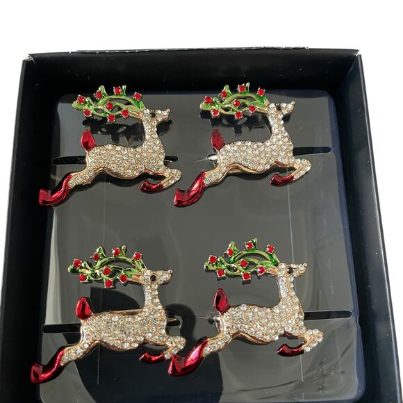 Nicole Miller Christmas Rhinestone Reindeer Napkin Rings Set of 4 Holiday Glam - Picture 2 of 9